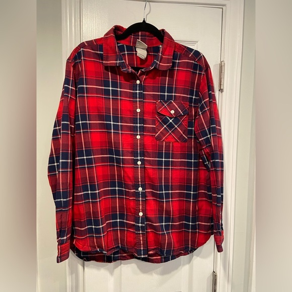 The North Face Size L Red Blue Plaid Cotton Flannel Button Down Shirt Pocket - Picture 1 of 13